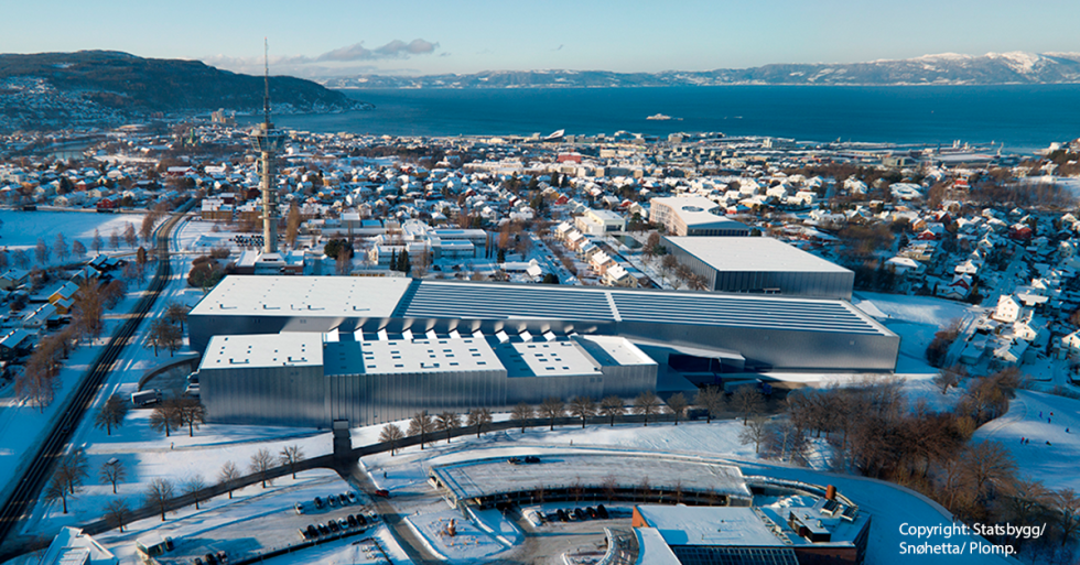 Illustrasjon av Ocean Space Centre i Trondheim – et marinteknologisk forskningssenter med avanserte testbasseng og laboratorier.
