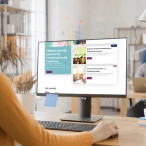 Skjermbilde av myMetier+ – en digital læringsplattform med e-leksjoner, maler og sjekklister for prosjektledelse.